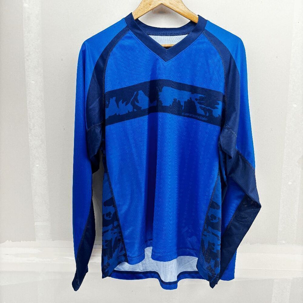 Cannondale Cycling V Neck Shirt Jersey Mens XL Black Blue Spellout EUC‎